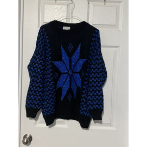 Vintage 80s GFC Snowflake Ski Metallic Sweater Made USA NY Acrylic Blue Black X